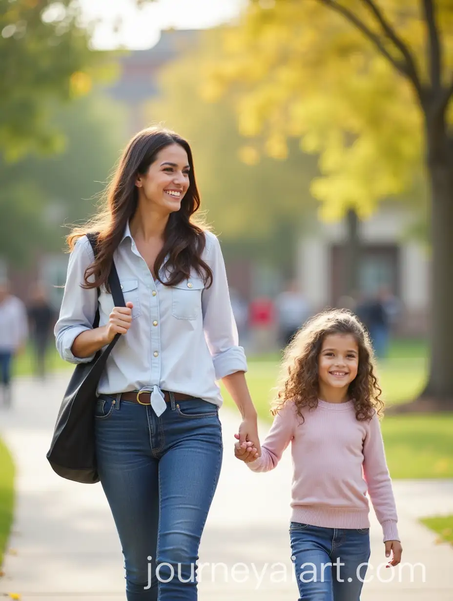 Smiling-Mother-and-Daughter-Walking-HandinHand-on-Campus