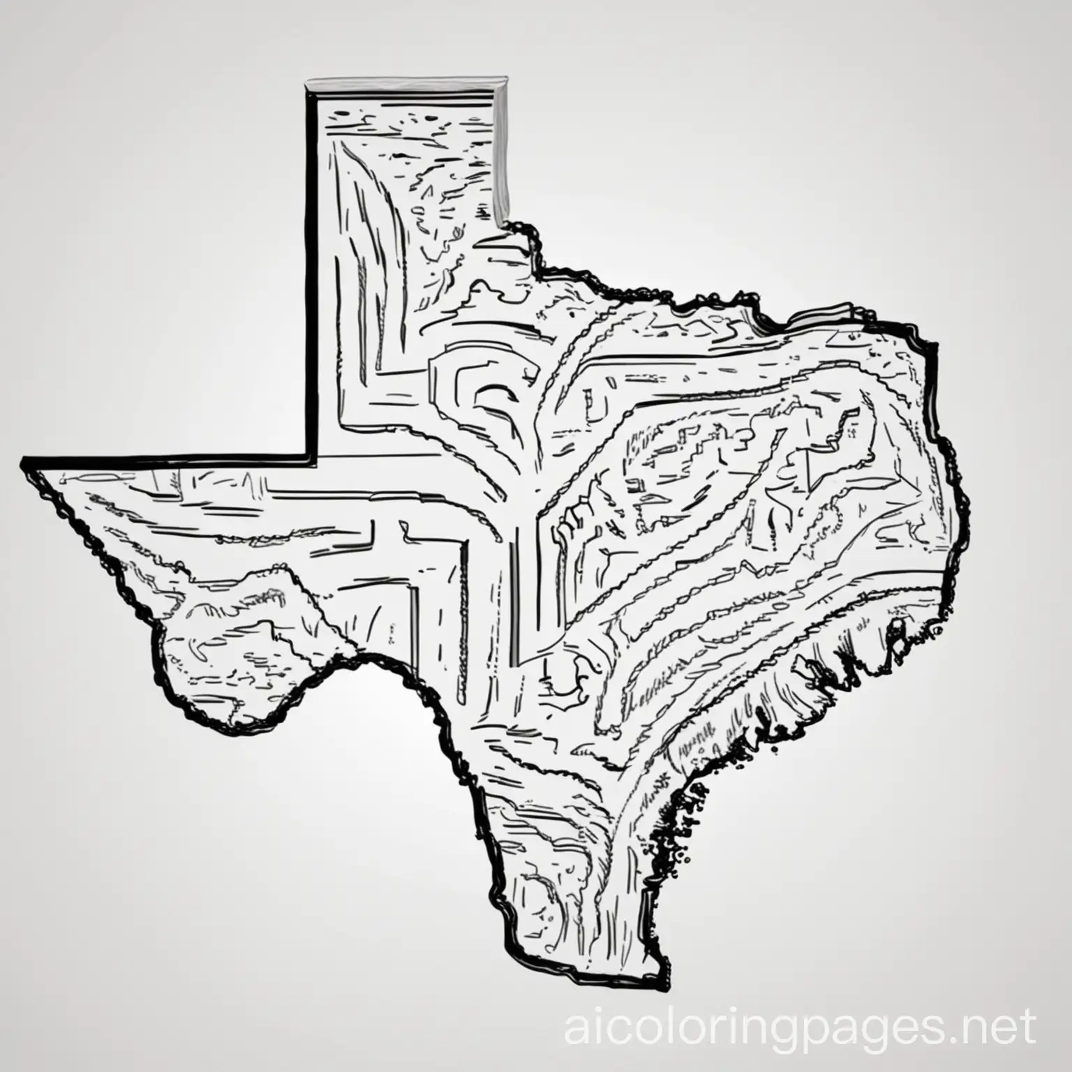 texas, Coloring Page, black and white, line art, white background, Simplicity, Ample White Space. The background of the coloring page is plain white to make it easy for young children to color within the lines. The outlines of all the subjects are easy to distinguish, making it simple for kids to color without too much difficulty
