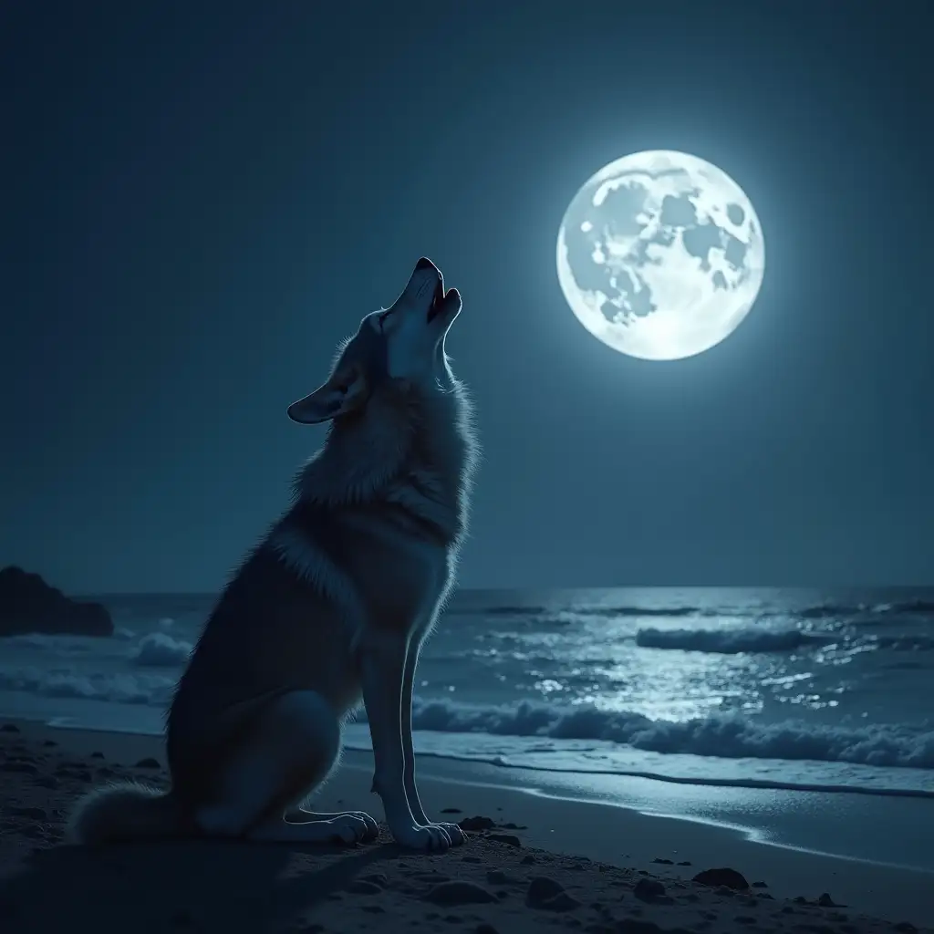 generate a female wolf howling at the moon on the beach