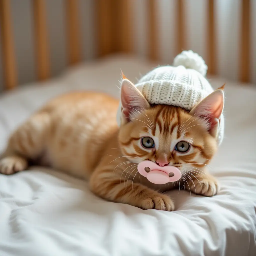 ginger nice real kitten in knitted hat lying on back in child's crib with pacifier in mouth