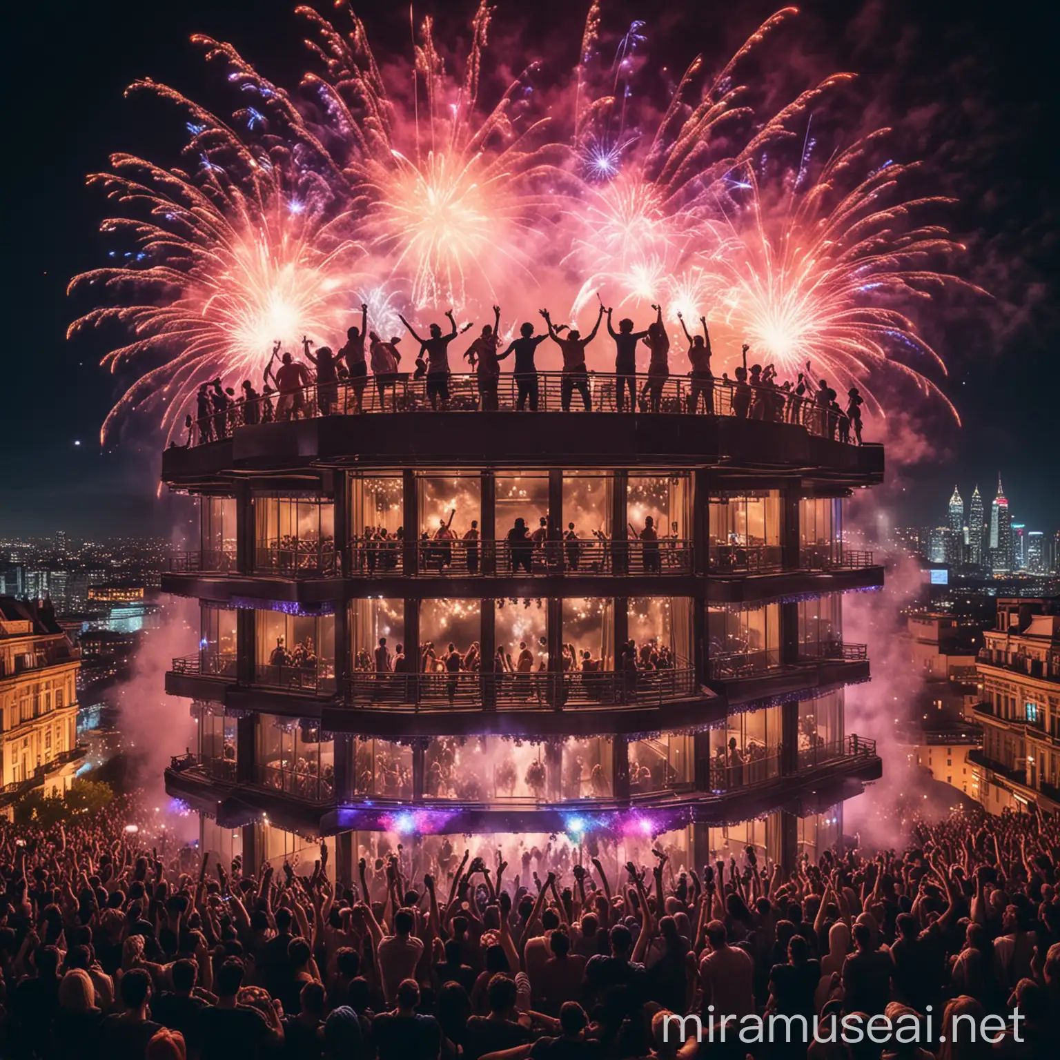 Colorful Fireworks Celebration on Top of Luxury Building with DJ Main Stage