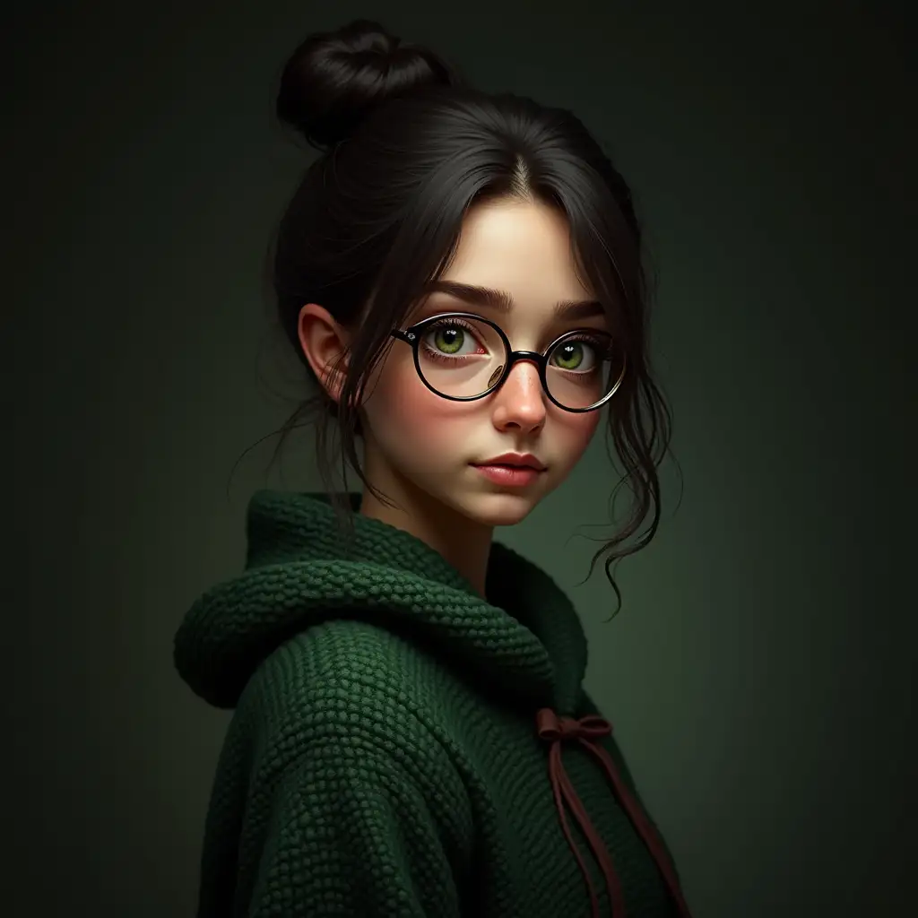 photo portrait, 75 mm, 3d, photorealism, Tabletop role-playing game dungeons and dragons, dark middle ages, girl with dark hair, hair in a bun, green knitted sweater, green eyes, glasses, modest, self-confident, monk