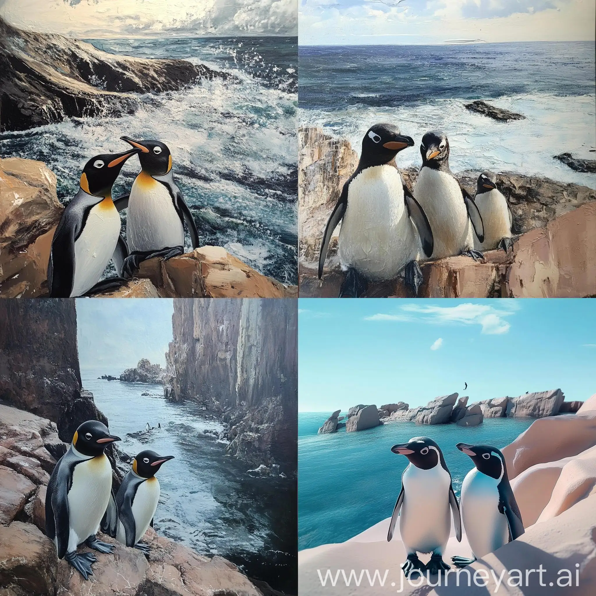 Penguins-in-Natural-Habitat-with-Snowy-Mountain-Backdrop