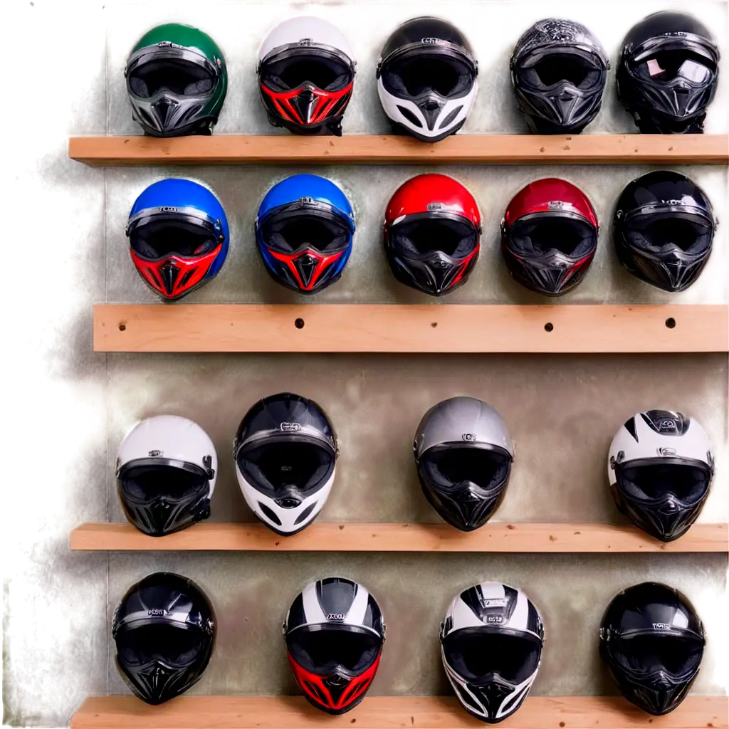 Colorful-Motorcycle-Helmets-on-Wooden-Wall-PNG-Image-Unique-Collection-of-Motorcycle-Gear-Displayed