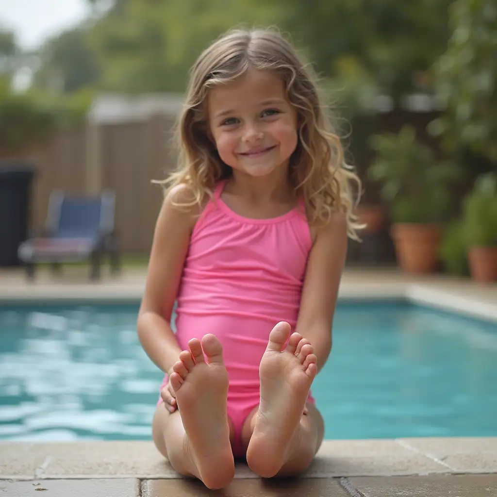 School-Girl-in-Pink-Swimsuit-Smiling-at-School showing her sweaty feet