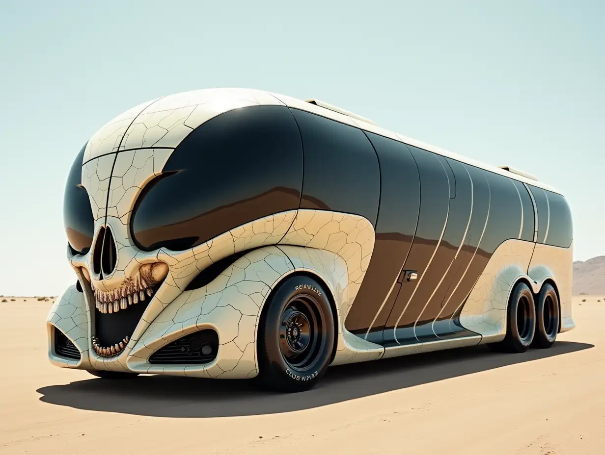 Supermodern utopian sports bus lowered body with skull, aluminum wheels, wide tires, cream black zig zag pattern science fiction