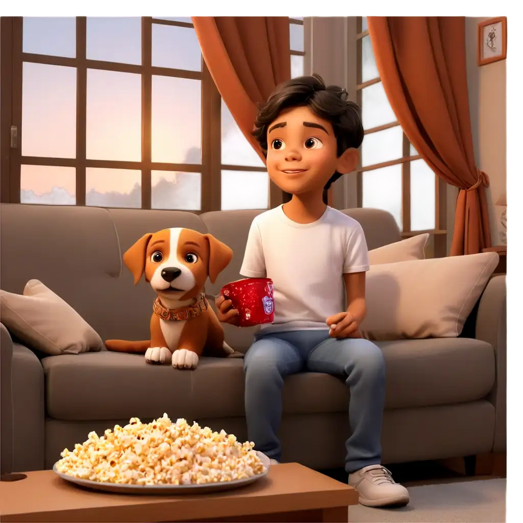 Cartoon-PNG-of-a-Happy-Indian-Kid-and-His-Dog-Enjoying-TV-Time-with-Popcorn