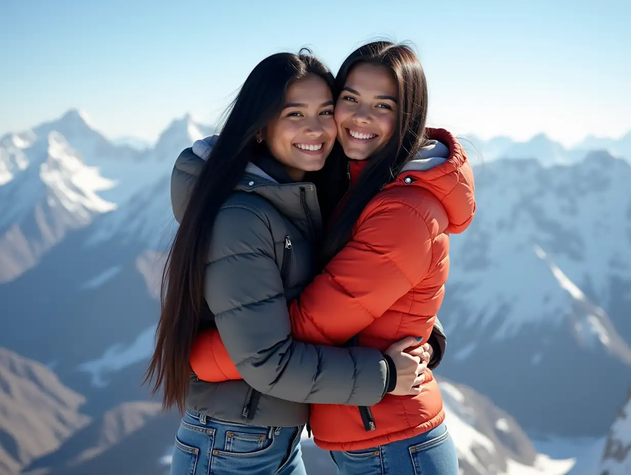 2 American-Dominican young women with jackets, blue jeans, and long silky straight jet-black hair (classic length) hug each other on the top of Mount Everest mountain.