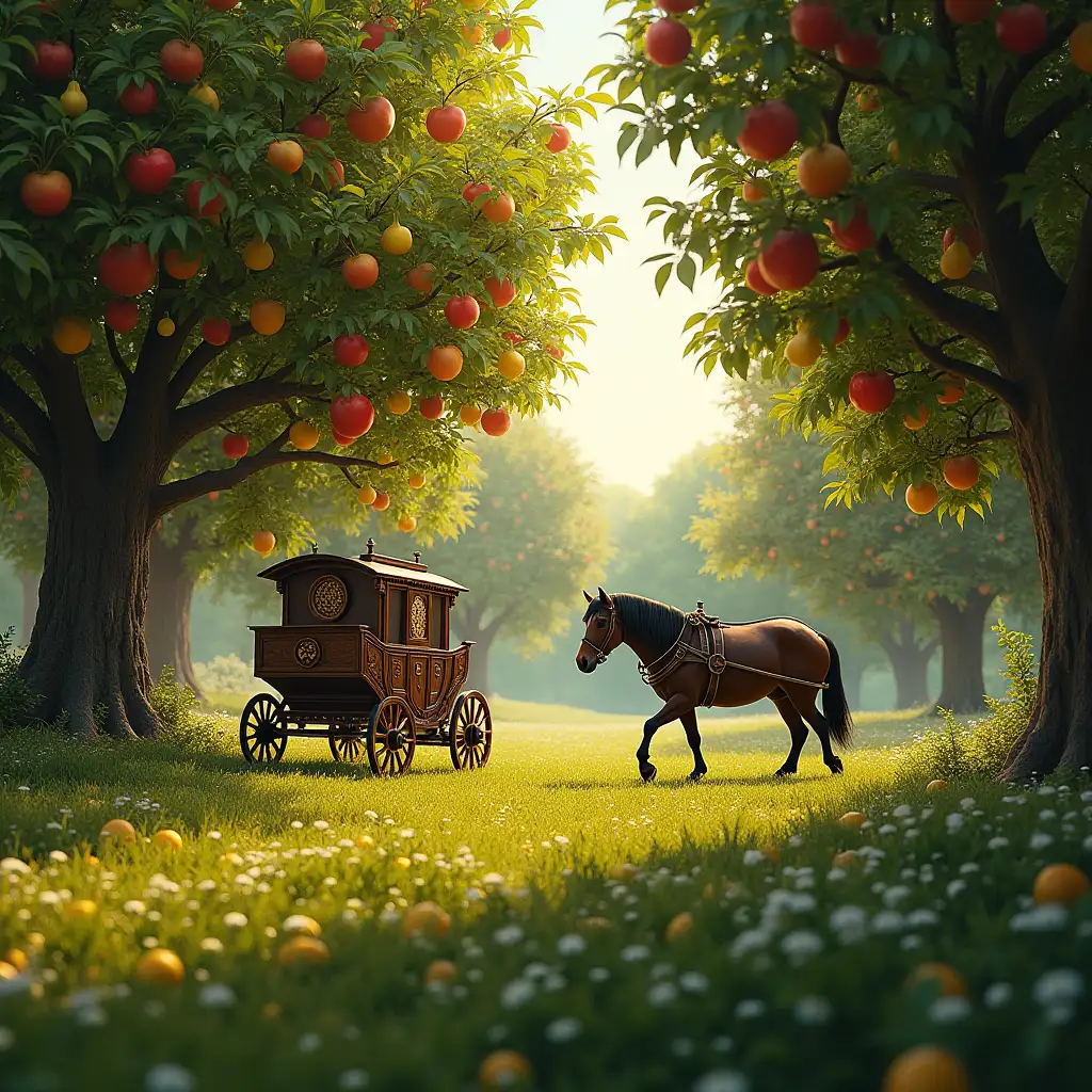 Serene-Fantasy-Orchard-at-Dawn-with-Ripe-Apples-and-Pears-Wooden-Carriage-and-Grazing-Horse