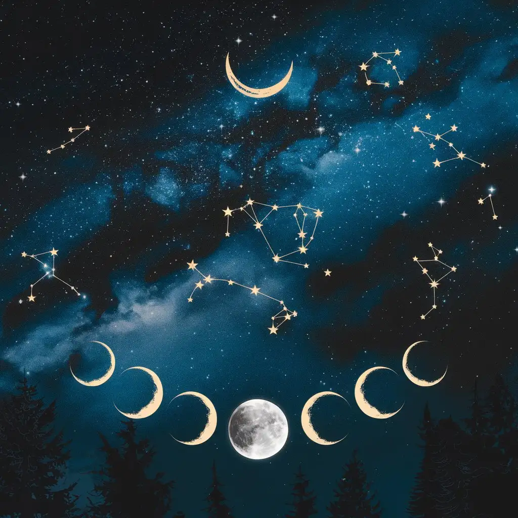 Celestial Night Sky with Constellations and Moon Phases