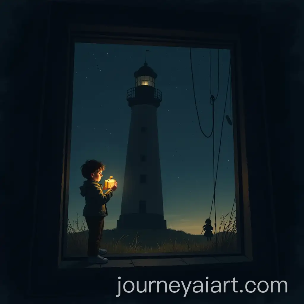 Boy-Holding-Glowing-Package-in-Dark-Lighthouse-at-Night