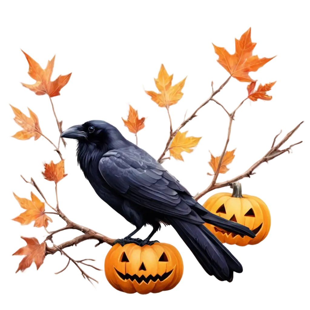 A mysterious raven sits on a tree branch on a white background, surrounded by autumn leaves and a few swirling spirits. Below the tree are glowing jack-o'-lanterns, adding an eerie yet magical touch