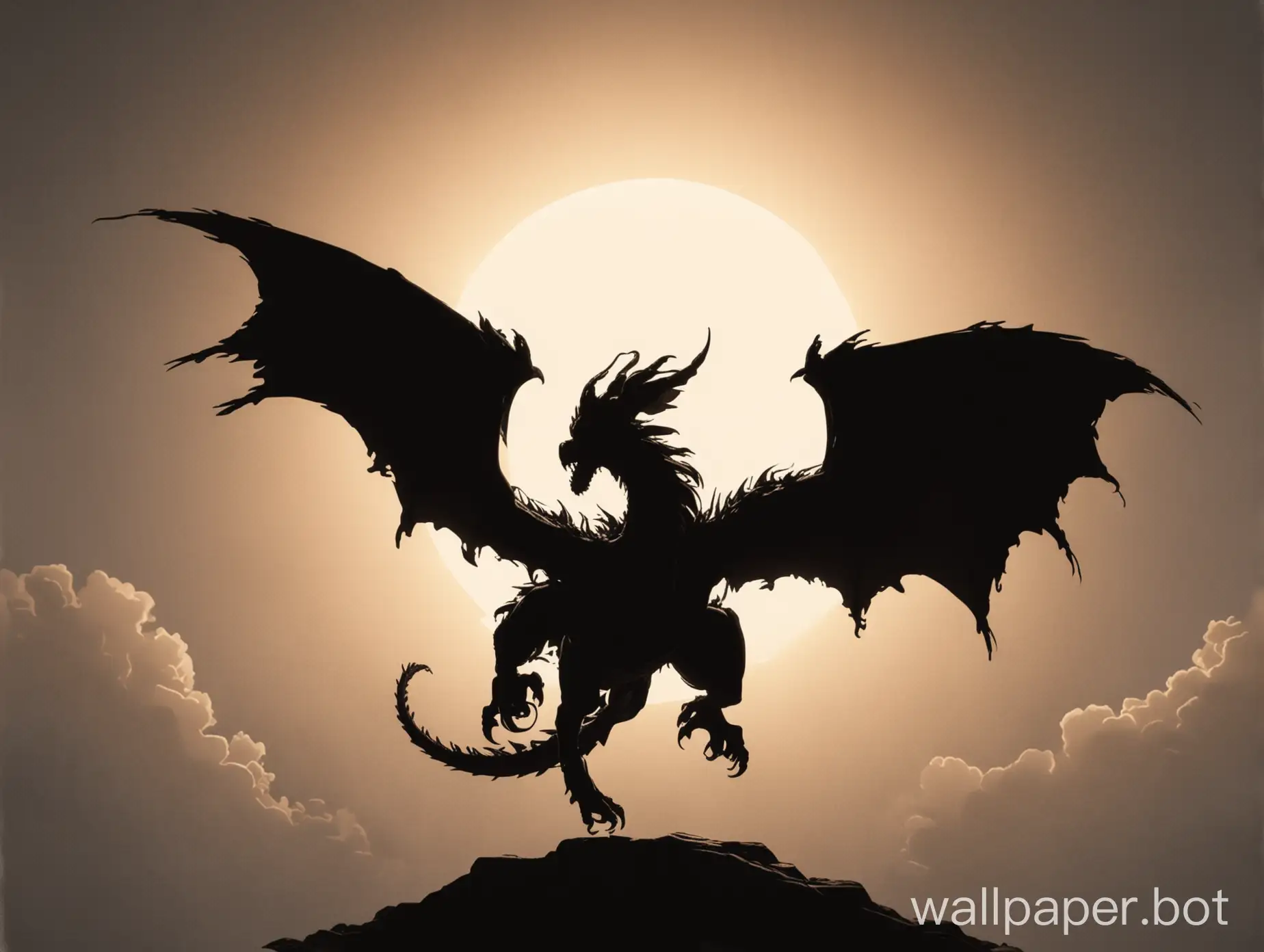 a cartoon silhouette of a dragon in the sin as it flies upwards and seen from behind