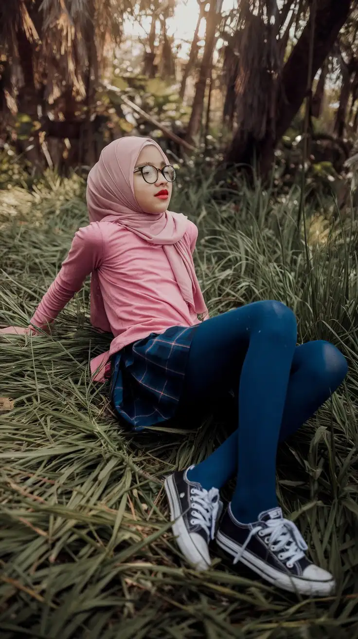 14 years old girl lie on grass. She is wearing a pink long-sleeved top and a matching hijab. Candid pose, Her outfit includes school skirt, bright navy blue tights, and she is wearing black, small converse shoes. In the jungle. Red lips, from side. Sunlight, messy legs, pov view