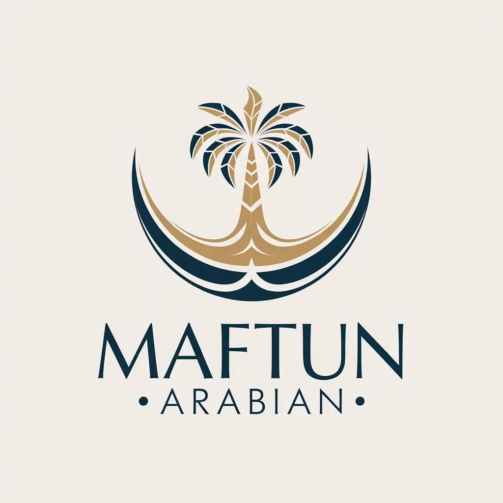 LOGO Design for Maftun Arabian Minimalist Palm Tree Crescent Moon in Sandy Beige Deep Blue and Gold