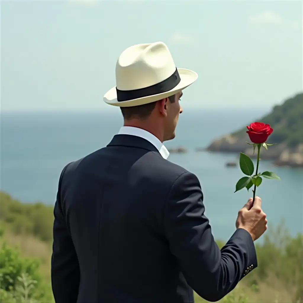 Gentleman in his 50s, fashion suit, back view, profile, (holding a single rose in his hand), white hat, (only white hat: 1.3), background: scenery, nature, coast,