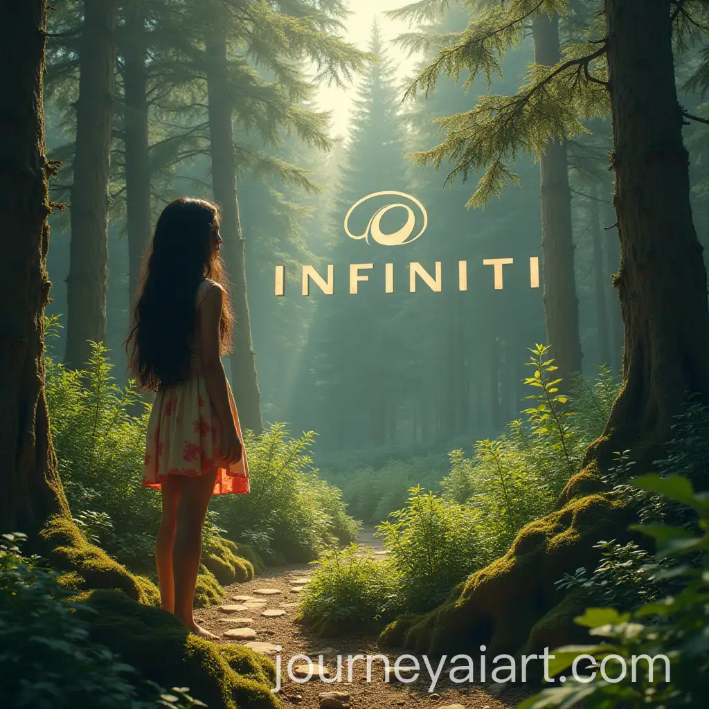 Infiniti-Brand-Inscription-in-a-Lush-Coniferous-Forest-with-a-Model