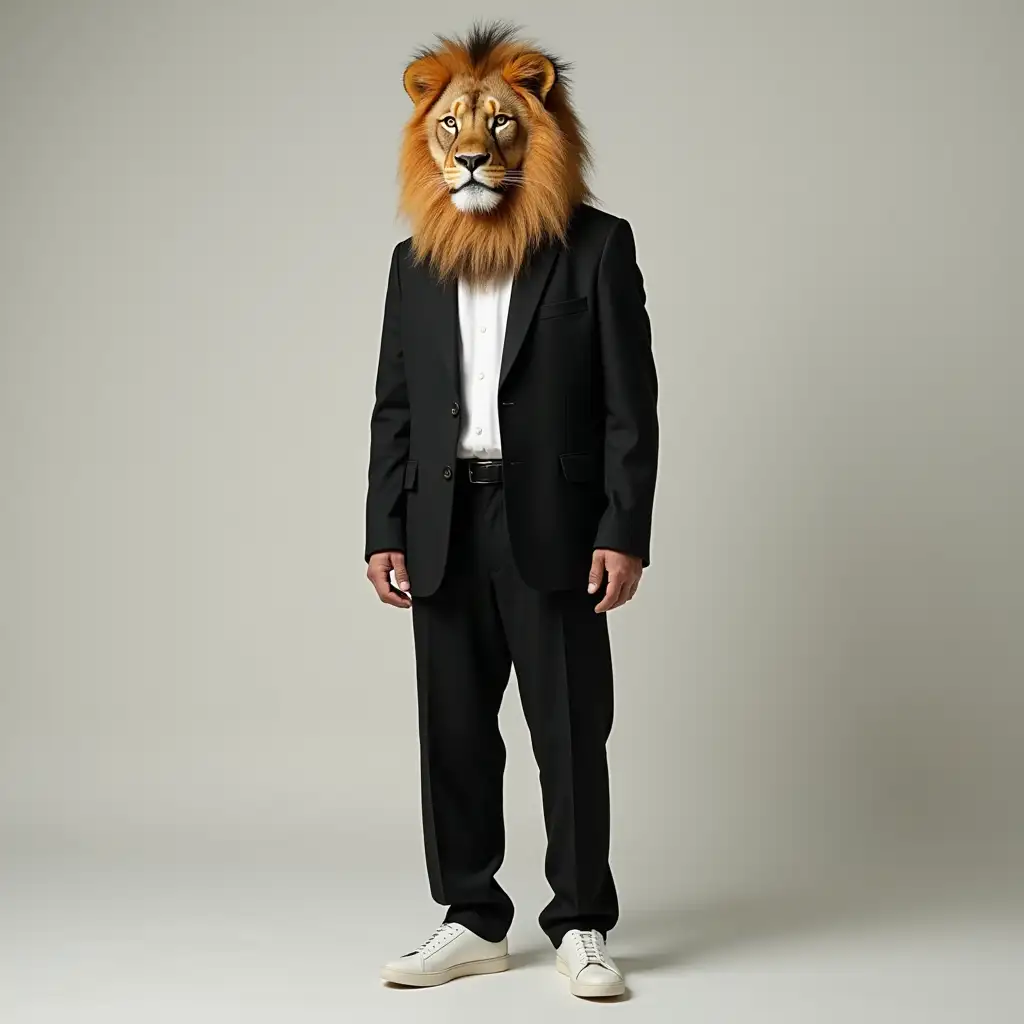 a human being with a lion face show the complete human from head to toe, wearing black blazer, white shirt and white shoes