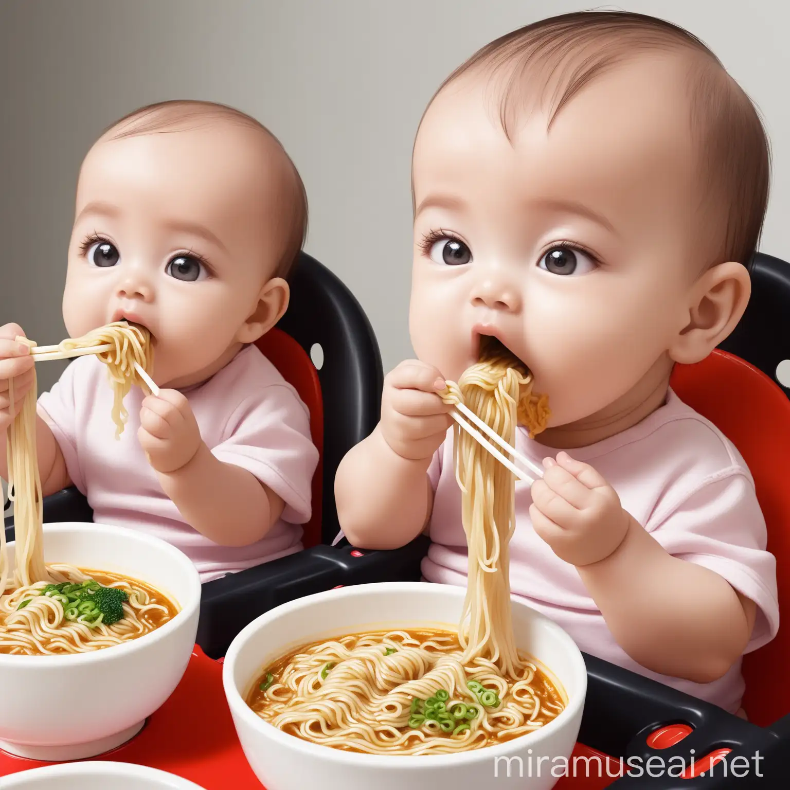 Adorable Babies Enjoying Noodles