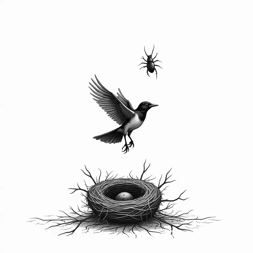 Minimalist-Black-and-White-Illustration-of-Restless-Bird-Flying-over-Dilapidated-Nest