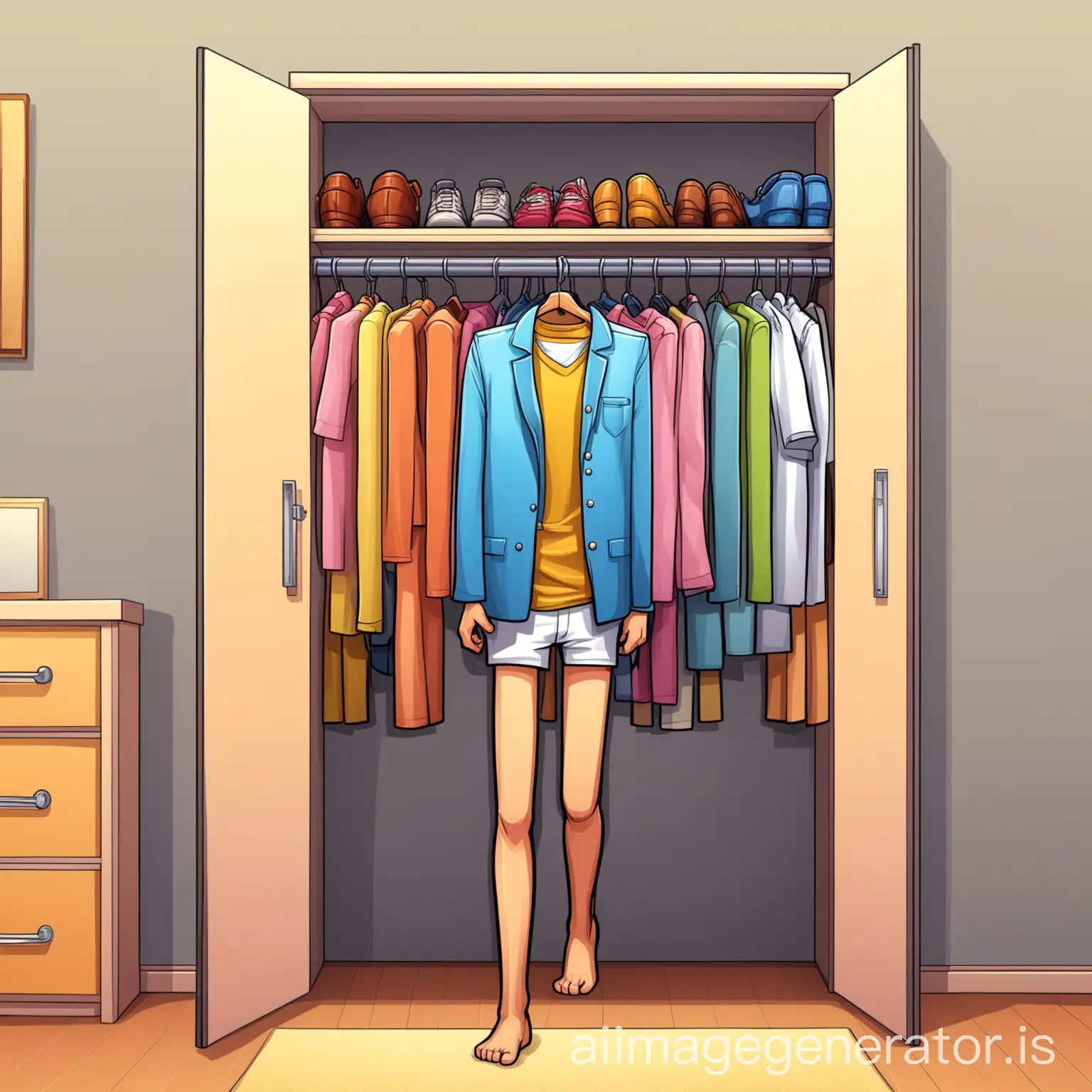 cartoon closet with human legs walking as a walking closet instead of walk-in closet