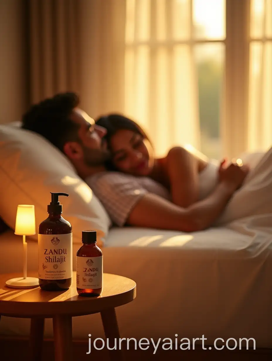 Romantic-Bedroom-with-Indian-Couple-Relaxing-and-Zandu-Shilajit-Bottle