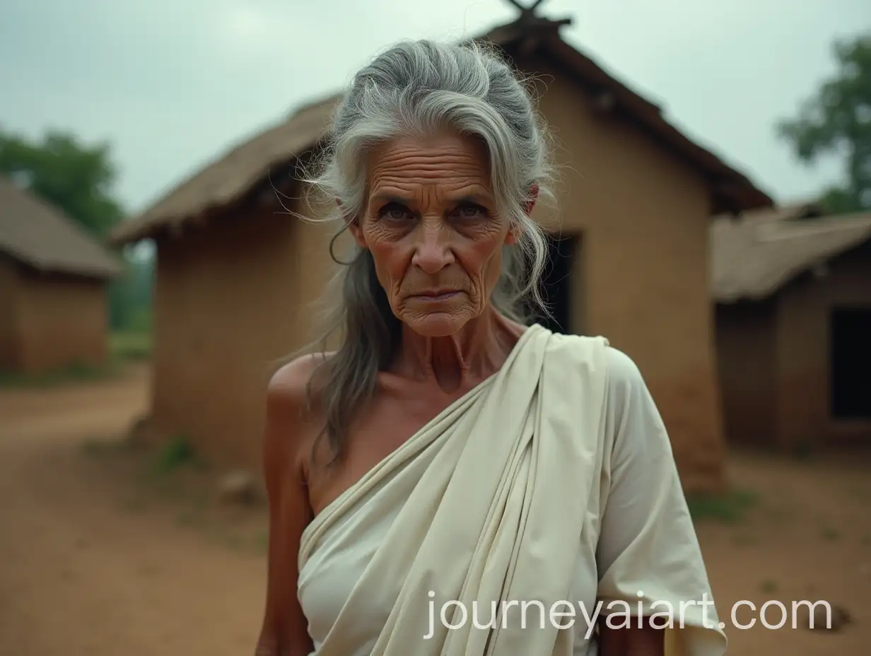 Eerie-Old-Woman-in-White-Saree-Standing-Outside-Mud-House-in-Rural-Indian-Village