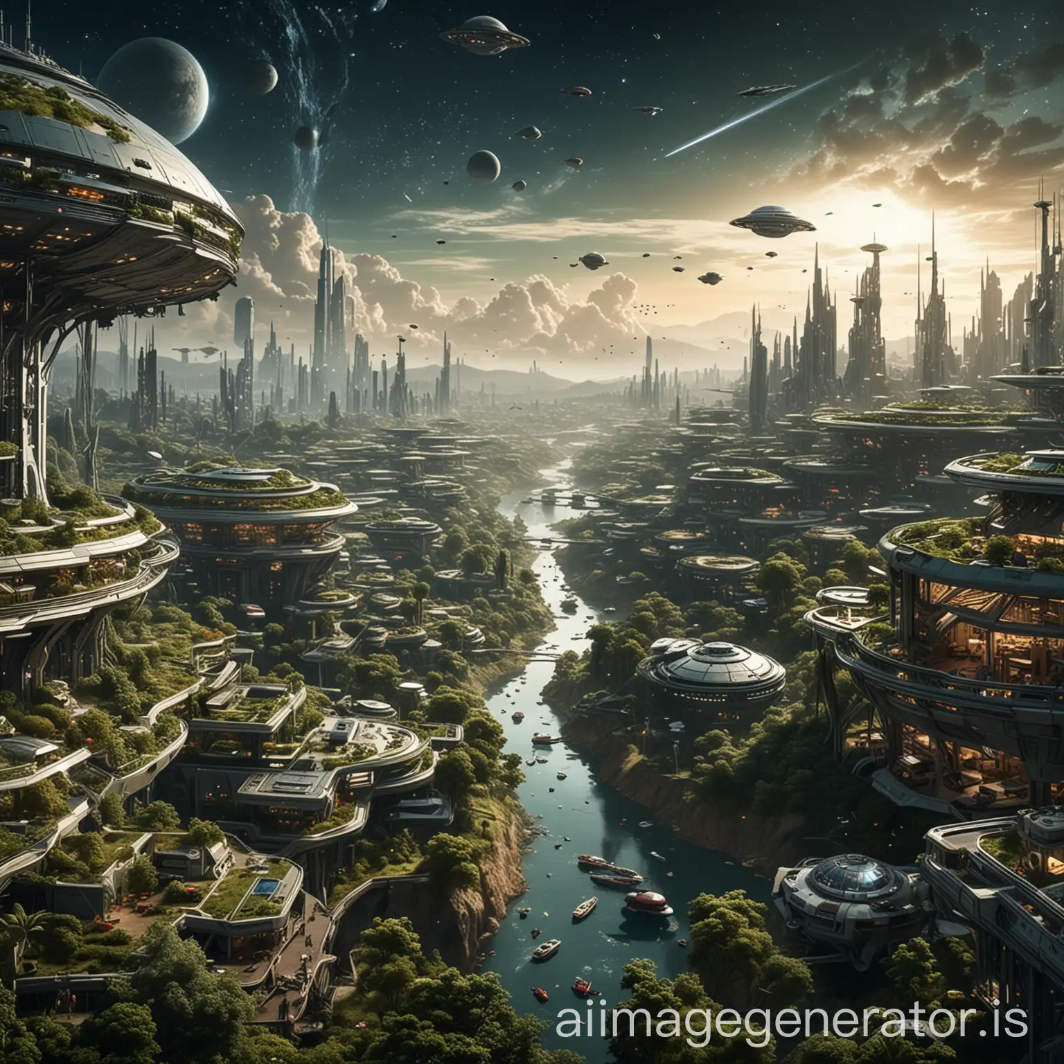 a densely populated settlement of the future surrounded by parks and greenery in every house and birds with a backdrop of outer space and interstellar ships