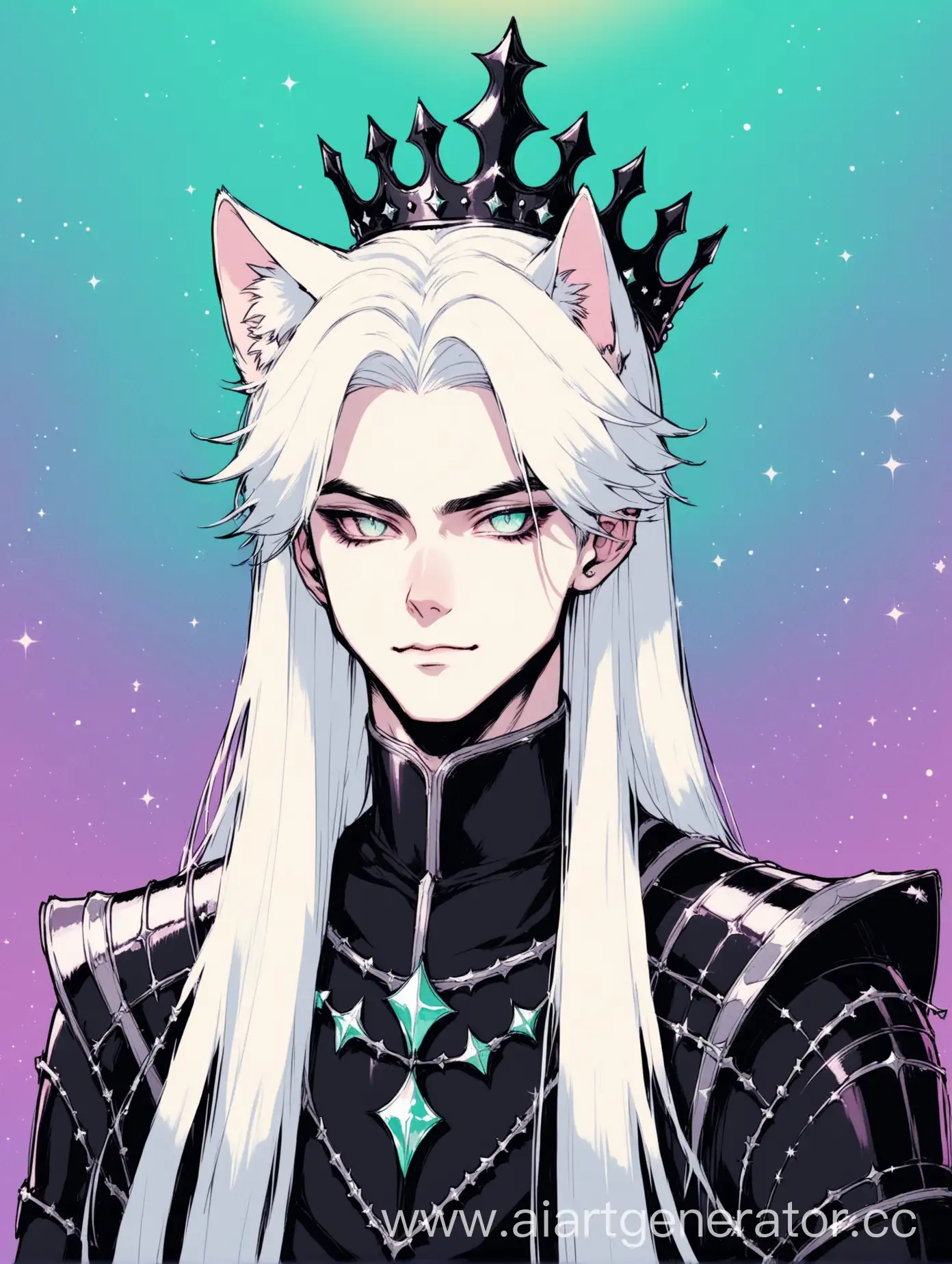 Pale-Warrior-with-Cat-Ears-in-Shimmering-Armor-and-Black-Crown-Retro-Mermaidcore-Aesthetic