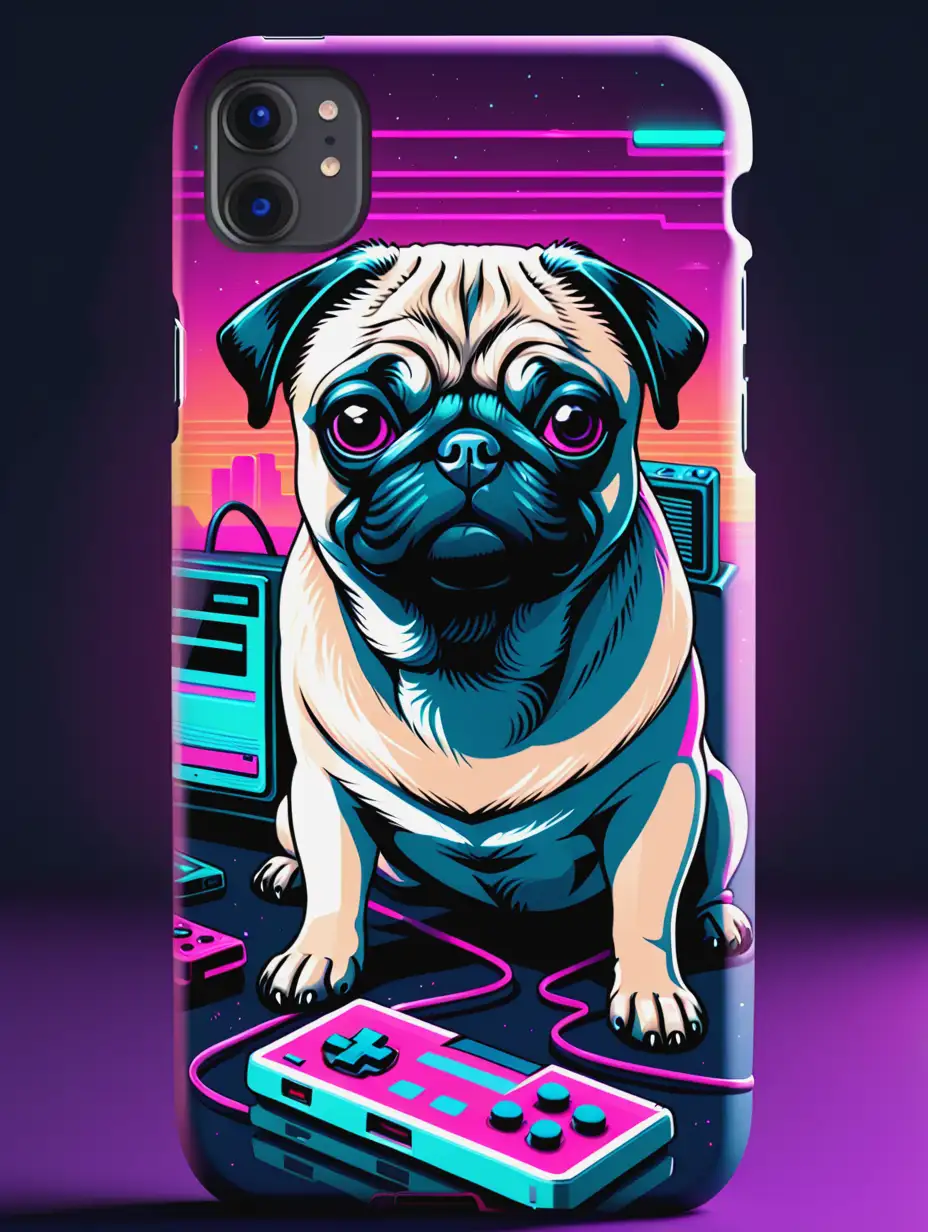 Mobile-Case-Design-Featuring-a-Pug-with-Synthwave-Aesthetic-and-Retro-Gaming-Devices