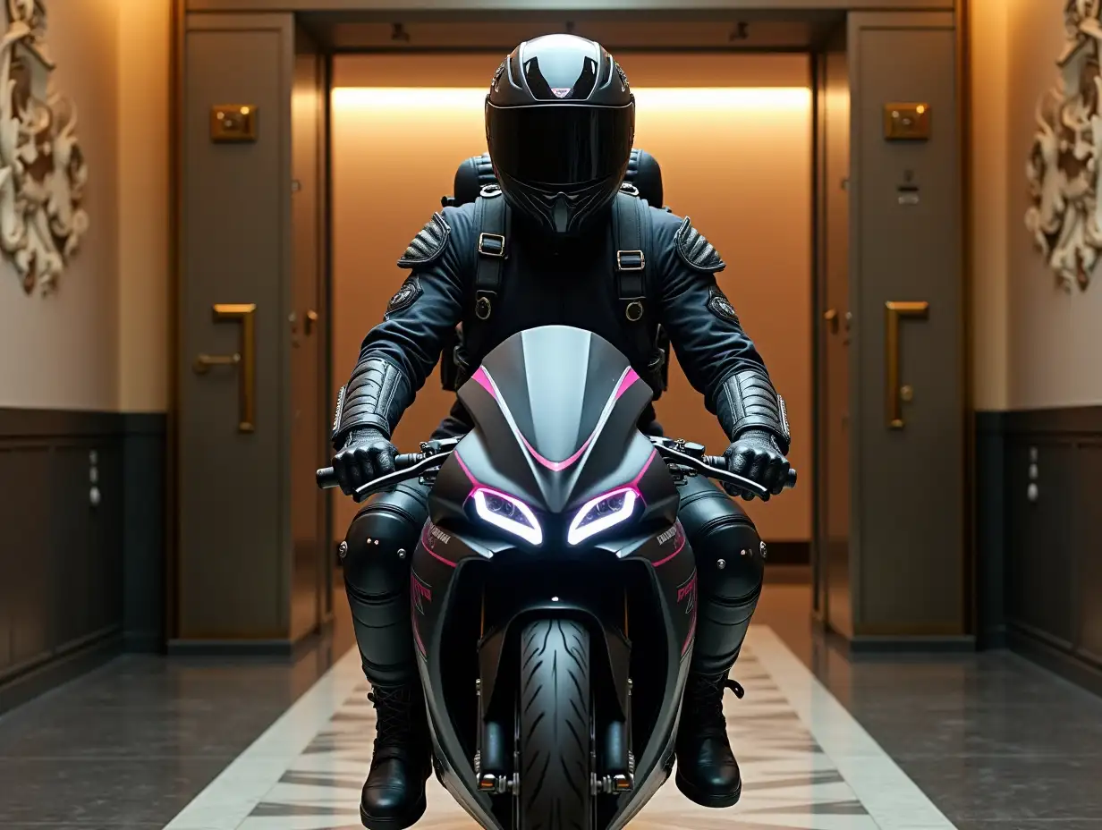 a large metallic elevator with open door behind an art deco hotel hallway with crafted walls, inside the elevator is a teenage woman riding a modern speedy motorbike, she is entirely covered, wearing a black durable racing suit with notable pink details, bulky motorbike boots, full helmet with mask, gloves, backpack straps, knee pads, lots of wearable gear, turned to front, eyes visible