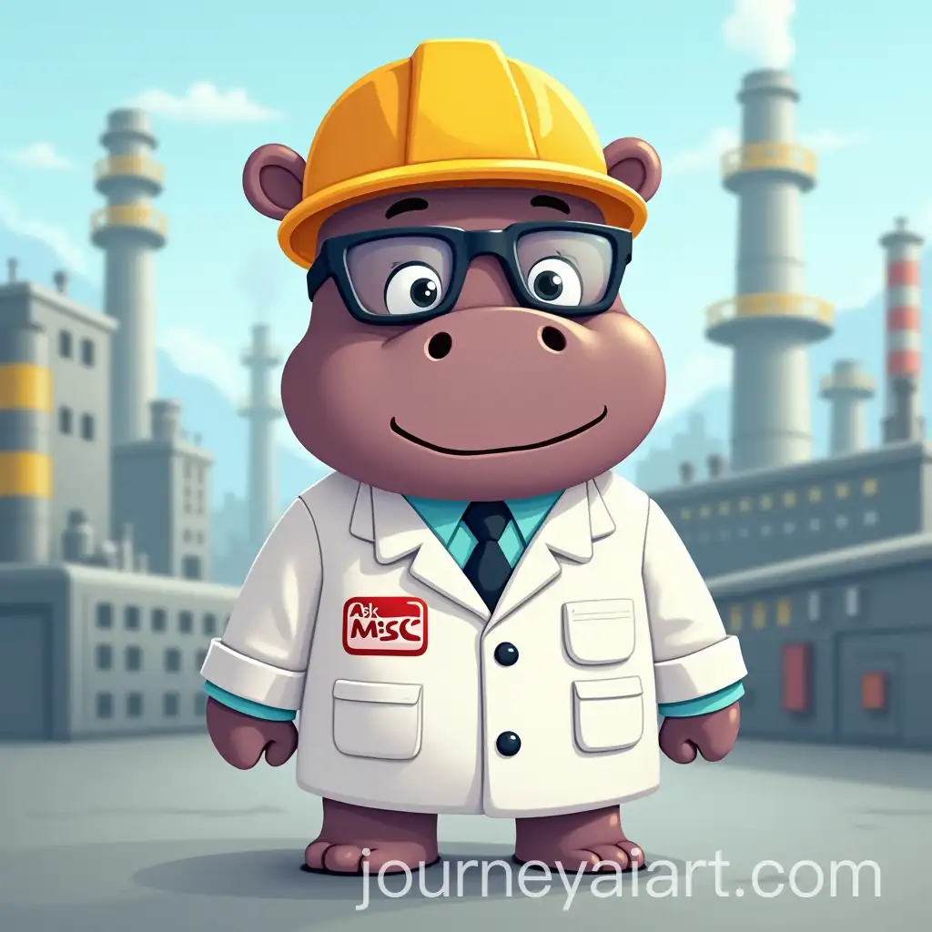 Cartoon-Pygmy-Hippo-Scientist-in-Safety-Gear-at-Petrochemical-Factory