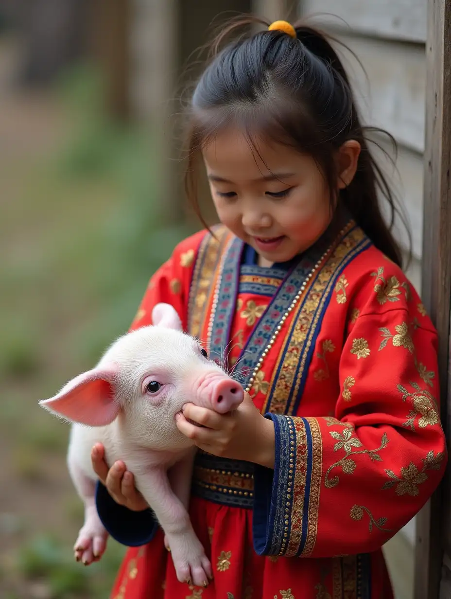 show me 5 images of a girl in Mongolian ethnic dress feeding a pig