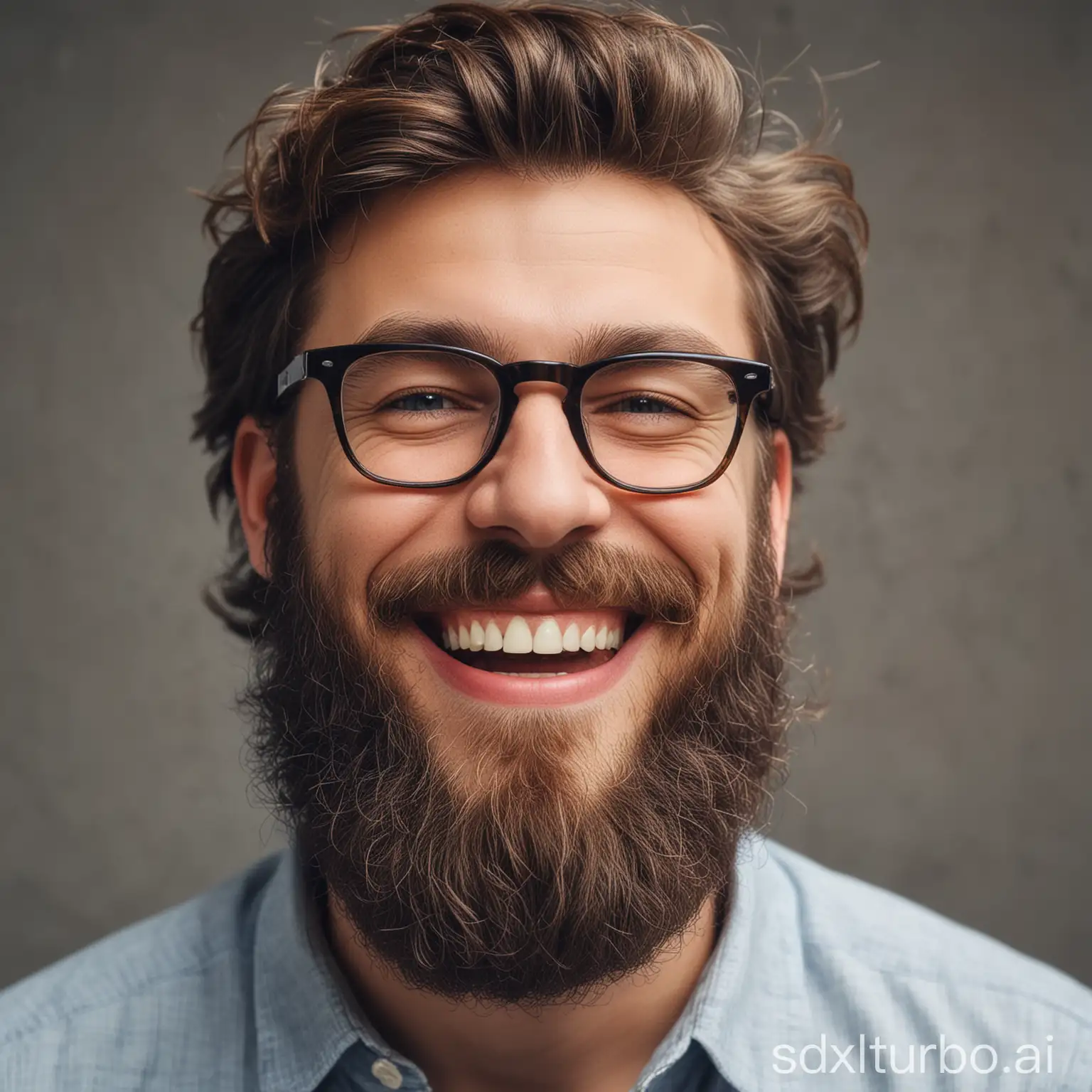 generate a bearded guy smiling image wearing specs