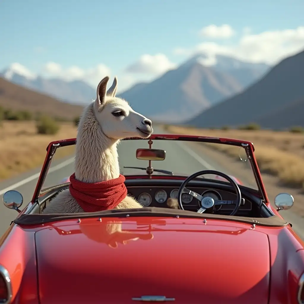 llama driving a red cabrio, red scarf, in argentinian mountains. very realistic