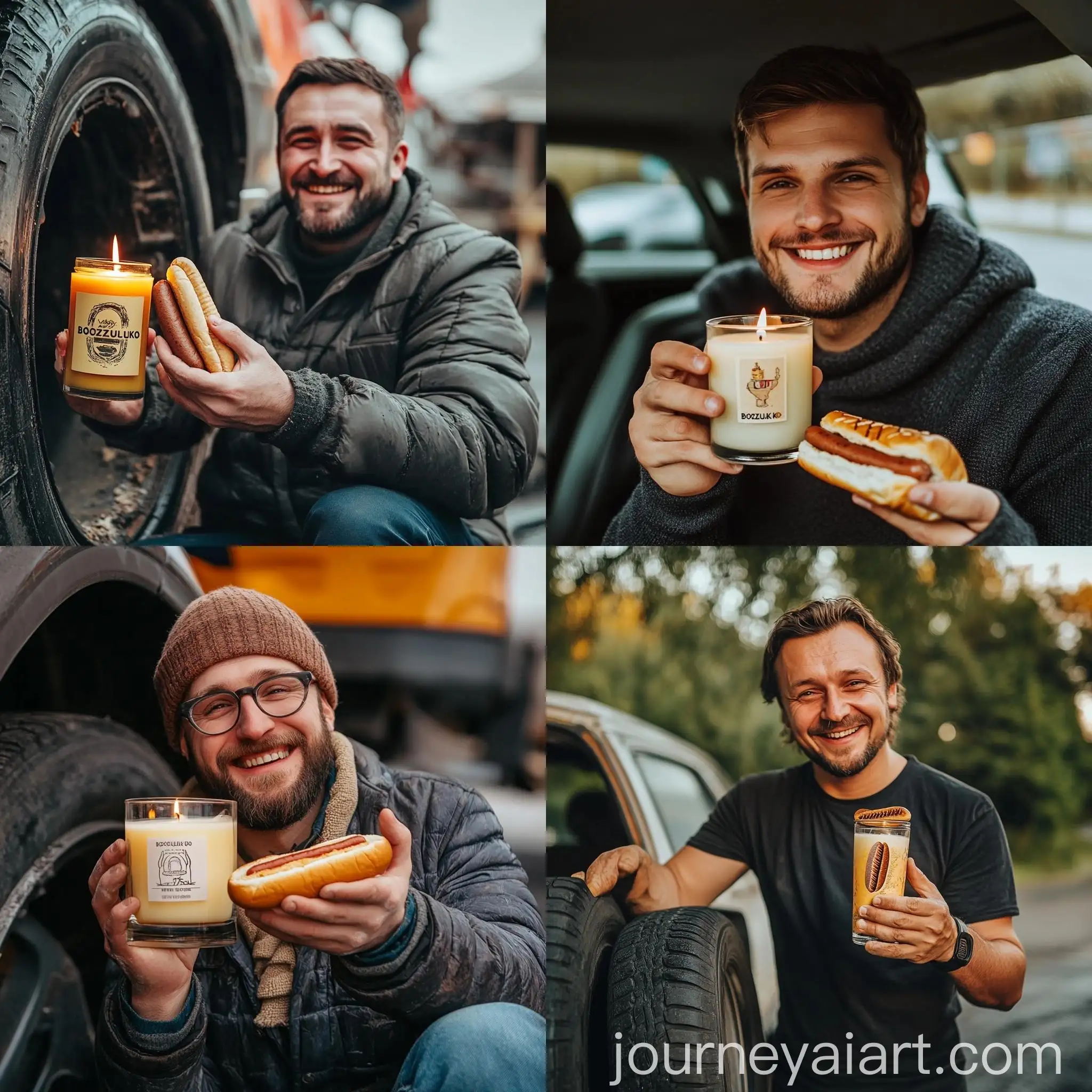 Futuristic-Man-with-Soy-Candle-and-HotDog-in-Car-Tire