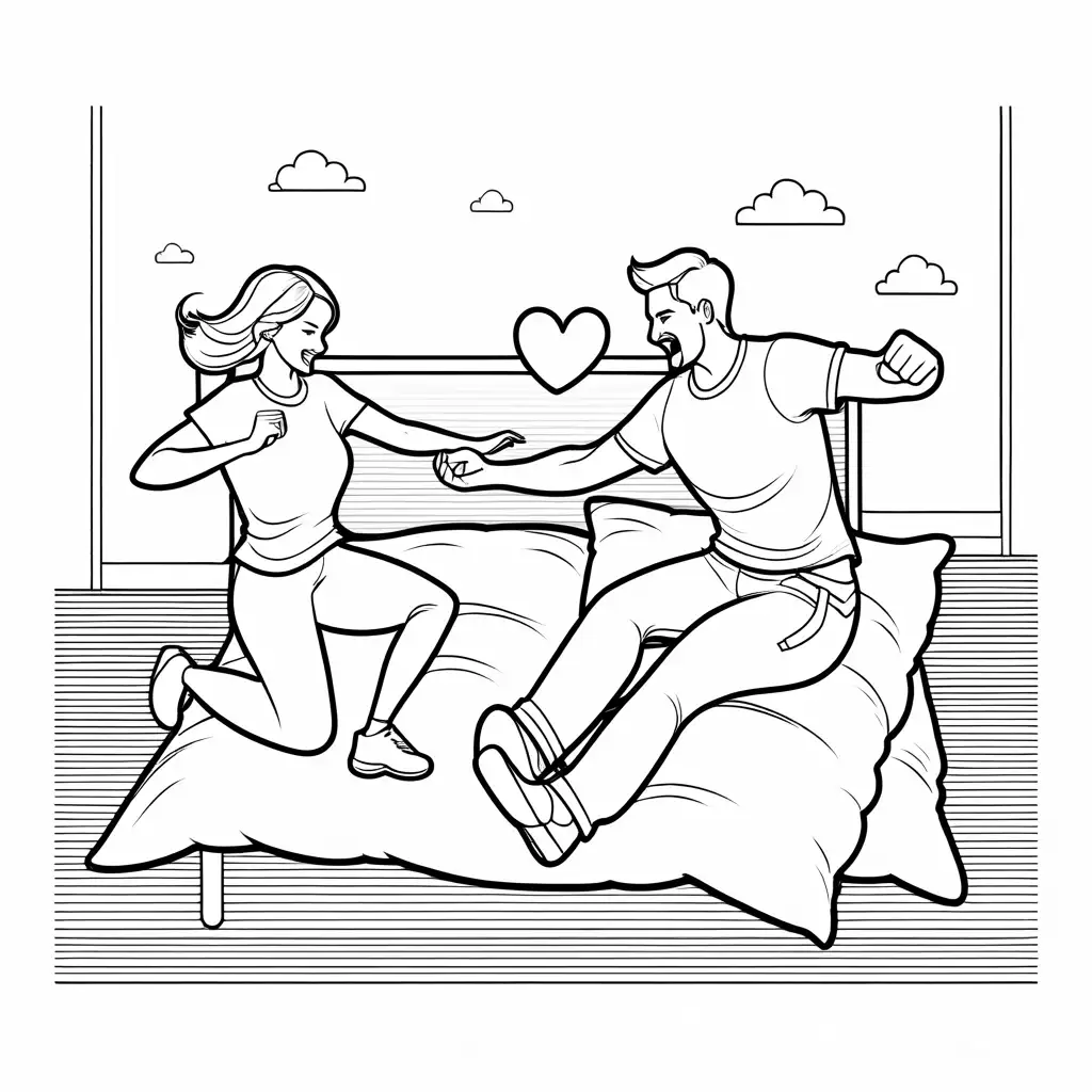 couple pillow fighting, Coloring Page, black and white, line art, white background, Simplicity, Ample White Space