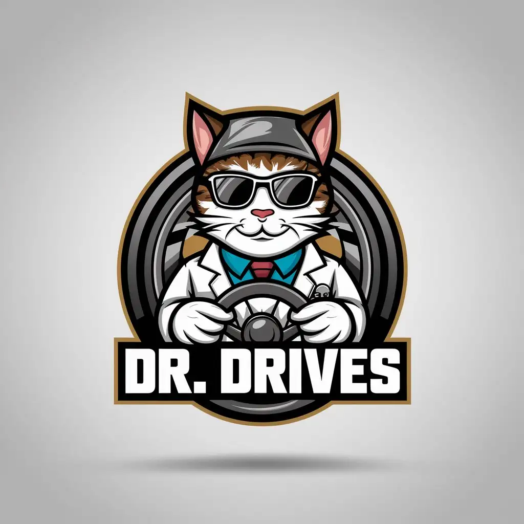 LOGO Design for Dr Drives Fun Cat Doctor with Racing Car Theme