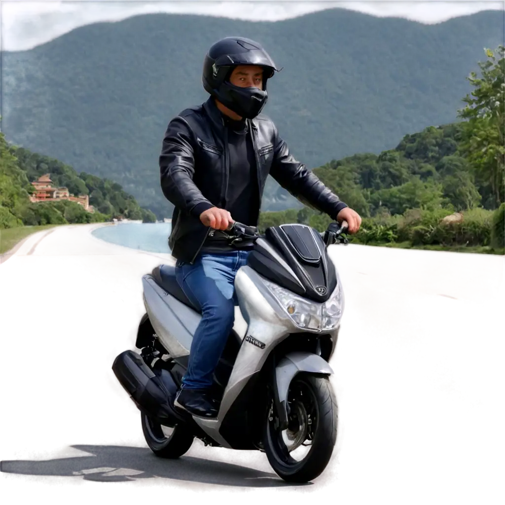 Stunning-PNG-Image-of-Riding-a-Silver-Yamaha-NMAX-2022-Motorbike-with-Mountain-and-Lake-View