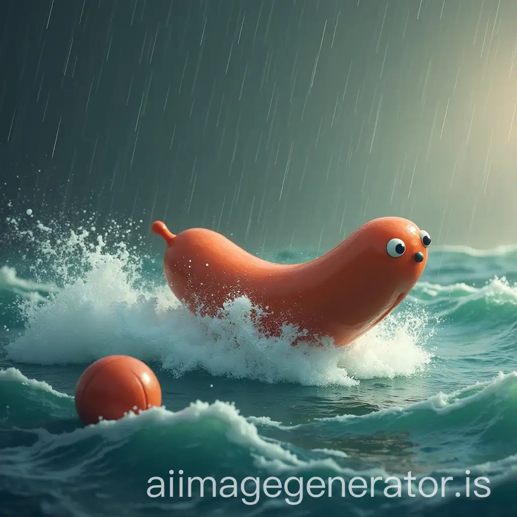 Whimsical-Sausage-Chasing-a-Ball-in-a-Floating-Hall-Amidst-Rainy-Waves