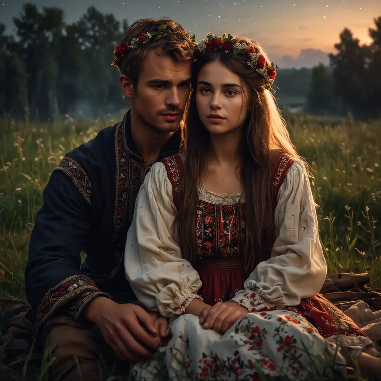 I'm looking for an artwork inspired by the attached image. The scene features a beautiful Slavic girl and a handsome man, with Theo James as the reference for his appearance, sitting close together in a meadow at night. They are both dressed in traditional Slavic attire. The girl is wearing a floral crown, and they are sitting in front of a campfire, which casts a warm, soft glow over them. The night sky above is filled with stars.