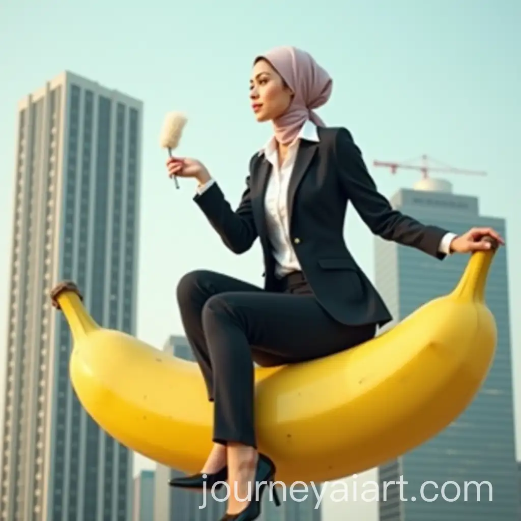 Young-Female-Lawyer-Riding-Giant-Banana-in-Cityscape-with-Hijab-and-Swab