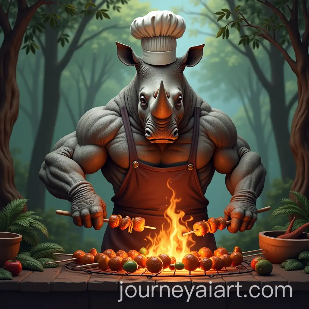 Muscular-Rhino-Chef-Grilling-Smoky-Root-Vegetables-in-the-Jungle