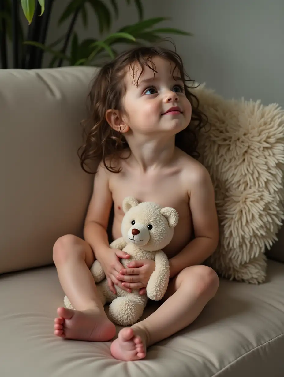 Toddler-Girl-with-Wet-Hair-Holding-Stuffed-Animal-in-Playroom