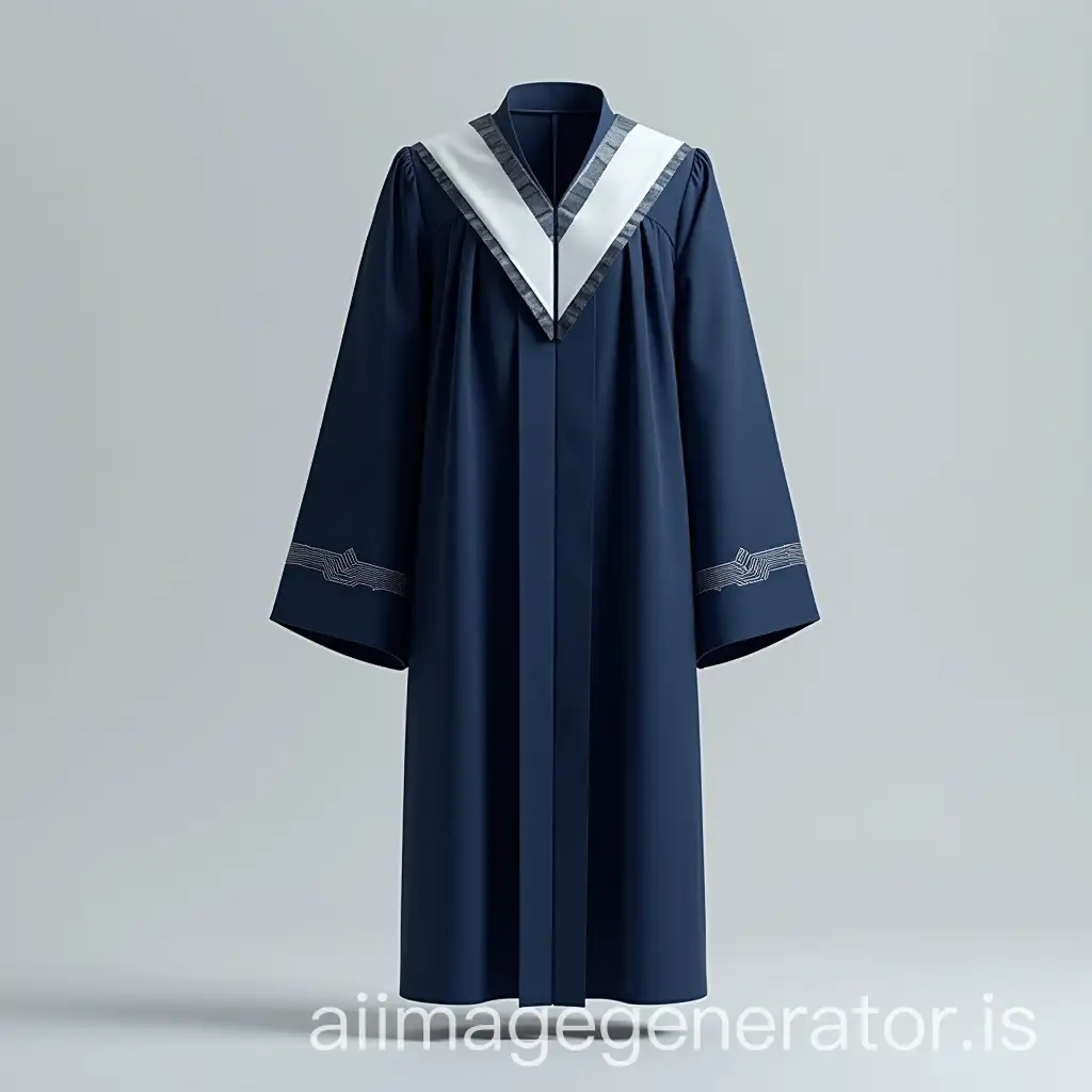 generate a full body image for a contemporary graduation gown with a tech-inspired design, featuring clean lines and a structured fit. The gown includes subtle circuit board patterns on the sleeves and hem.nnMaterial: High-quality, recycled polyester for durability and sustainability.nnColors:nnPrimary: Deep navy blue, representing knowledge and innovation.nnAccents: Silver and white trim, symbolizing technology and precision