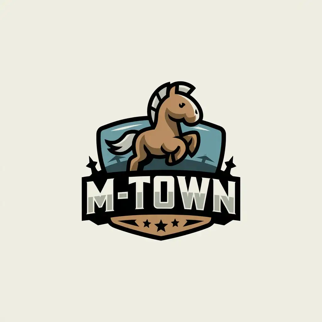 a vector logo design,with the text "M-Town", main symbol:Little horse, game, shooting,complex,be used in Entertainment industry,clear background