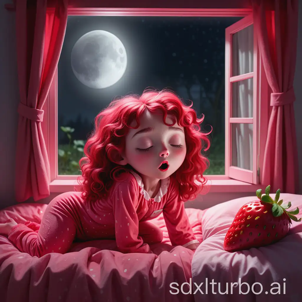 Concept: Moonlight shining through the window onto small red's messy pink bed, little red in a strawberry sleepwear sleeping soundly (with a slight curl at the mouth), with five anthropomorphic facial spirit hovering above her head