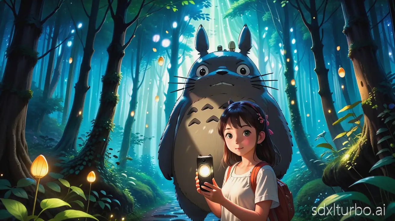 selfie with Totoro in the magical Ghibli forest, whimsical atmosphere, glowing fireflies, cinematic lighting, detailed background, anime style