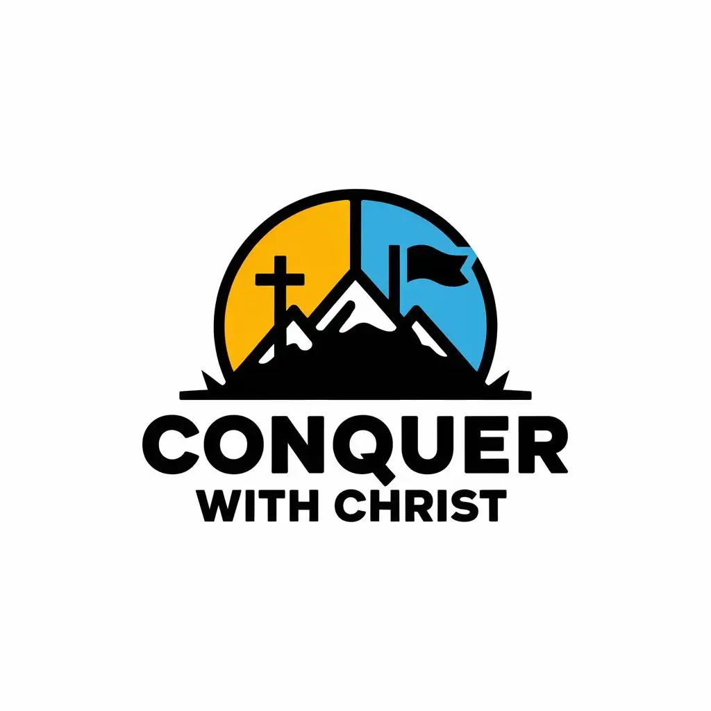 LOGO Design For CONQUER WITH CHRIST Cross Mountain and Flag Symbolism in Religious Industry