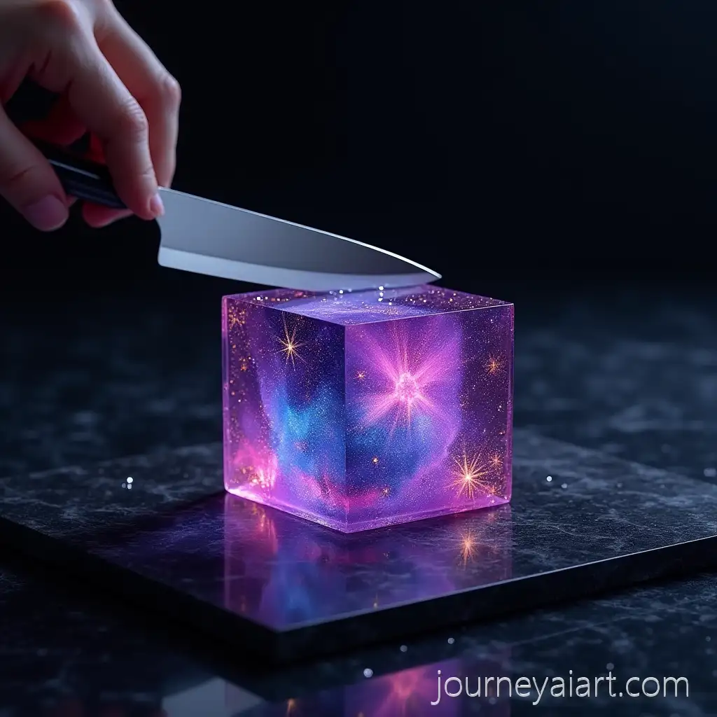 MesGalaxy-jelly-cube-slicingmerizing-Galaxy-Jelly-Cube-on-Matte-Black-Marble-with-Polished-Knife